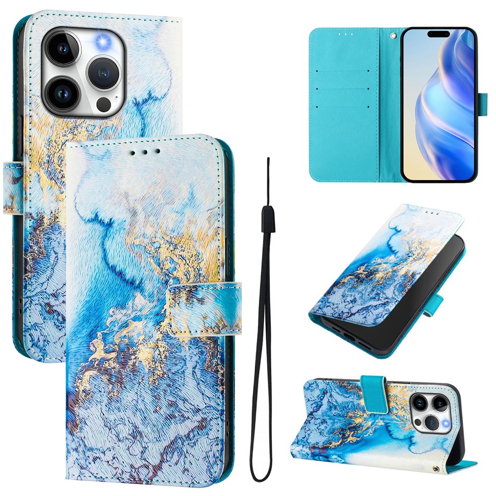 For iPhone 15 Pro Case Pattern Printing Wallet Phone Cover with Strap - Ocean Marble