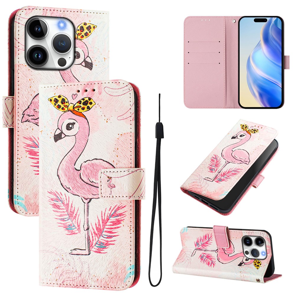 For iPhone 16 Pro Case Pattern Printing Wallet Phone Cover with Strap - Bird