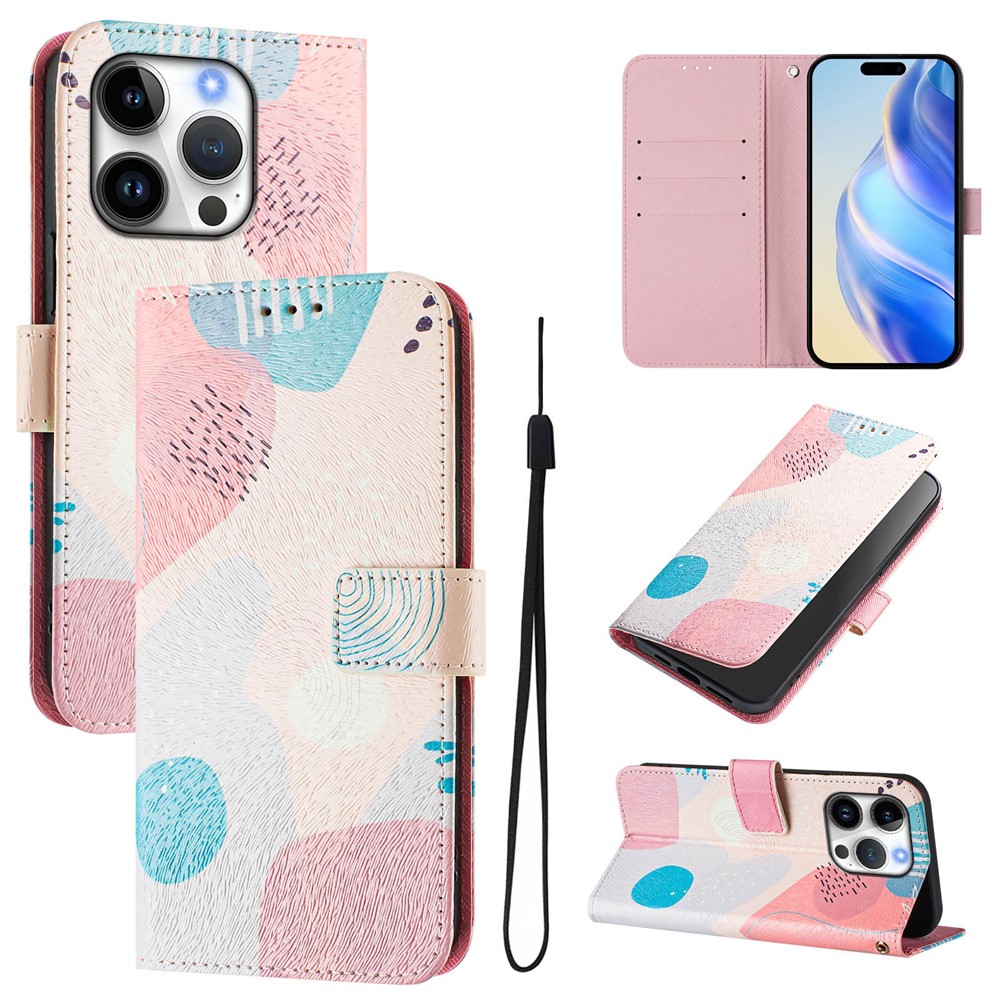 For iPhone 16 Pro Case Pattern Printing Wallet Phone Cover with Strap - Graffiti