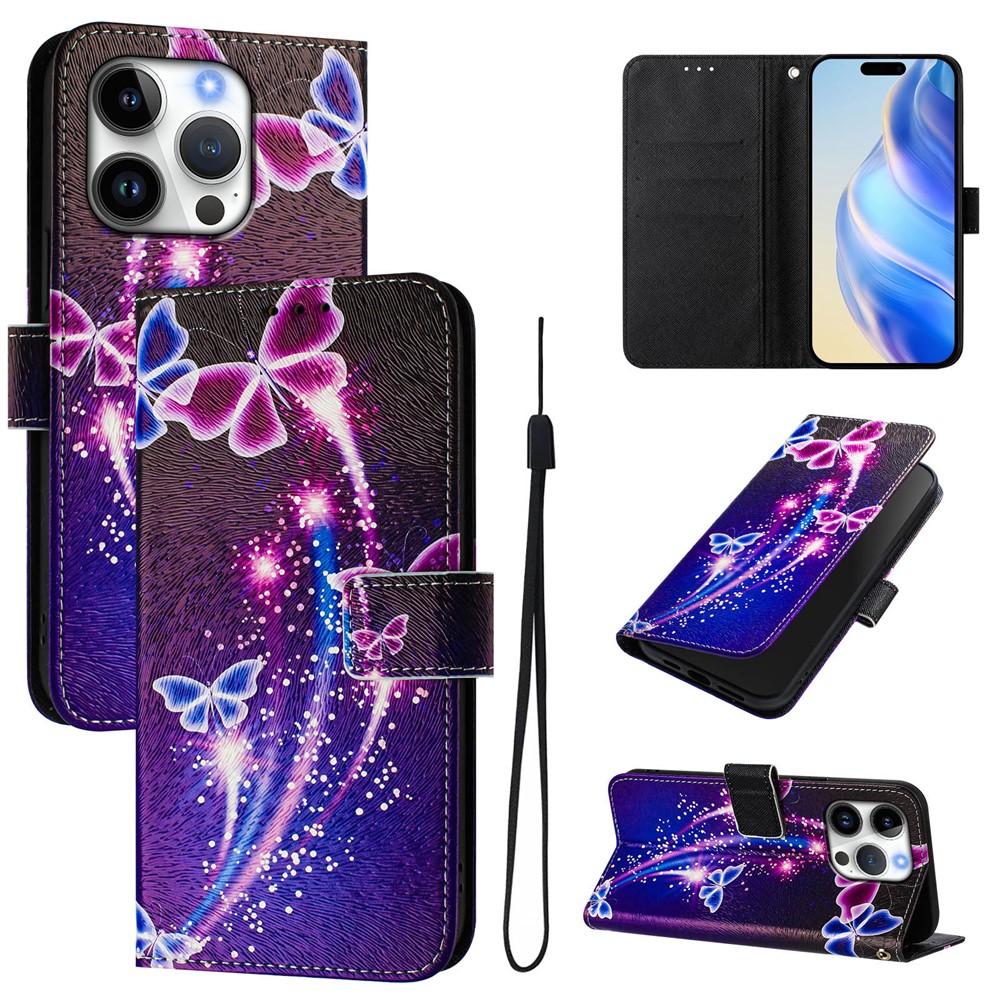 For iPhone 16 Pro Case Pattern Printing Wallet Phone Cover with Strap - Firework Butterfly