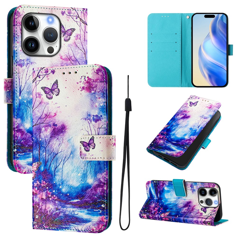 For iPhone 16 Pro Case Pattern Printing Wallet Phone Cover with Strap - Dream Valley