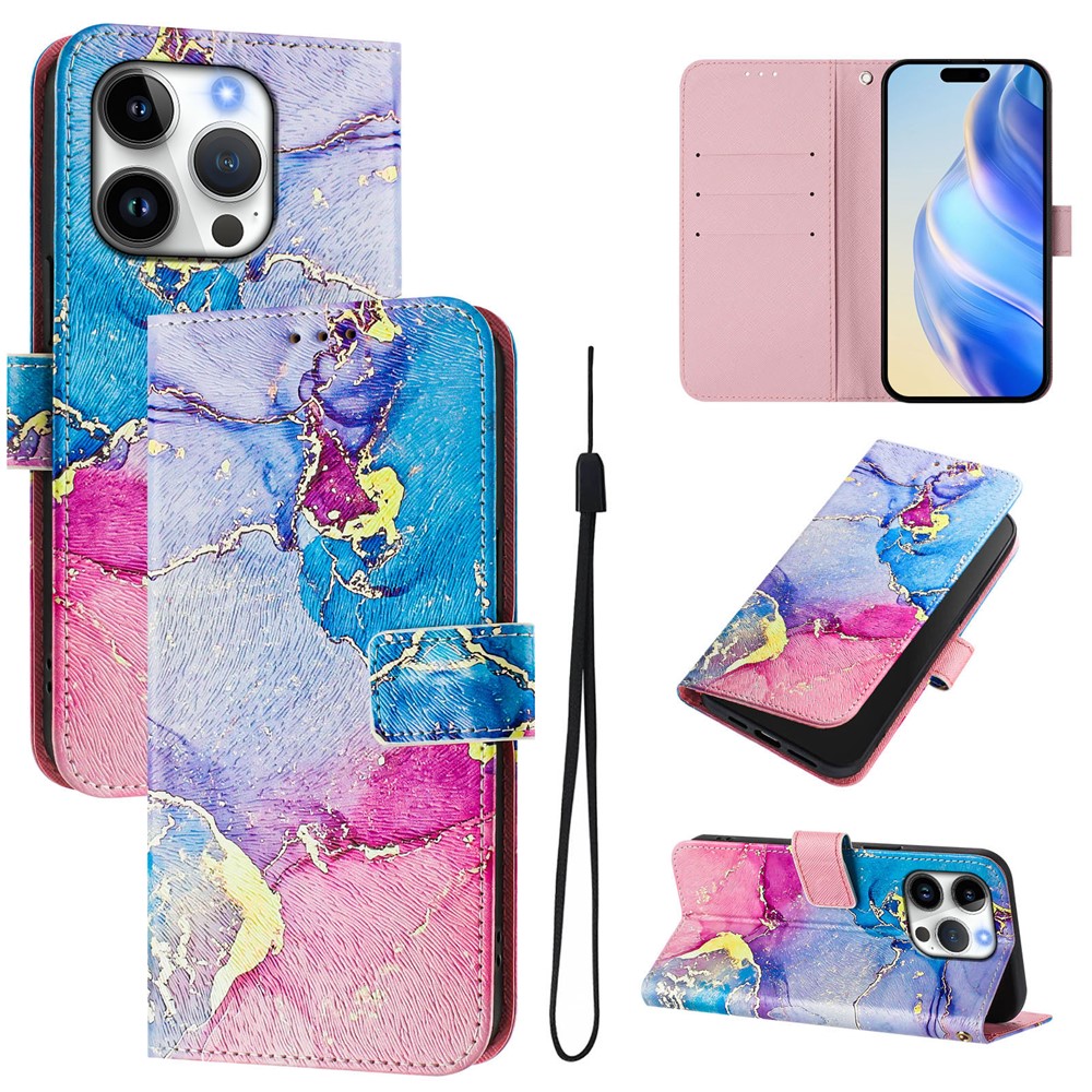 For iPhone 16 Pro Case Pattern Printing Wallet Phone Cover with Strap - Multicolor Marble