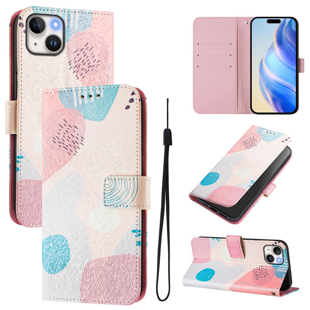 For iPhone 15 Plus Case Pattern Printing Wallet Phone Cover with Strap - Graffiti