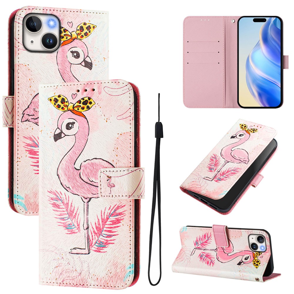 For iPhone 15 Plus Case Pattern Printing Wallet Phone Cover with Strap - Bird