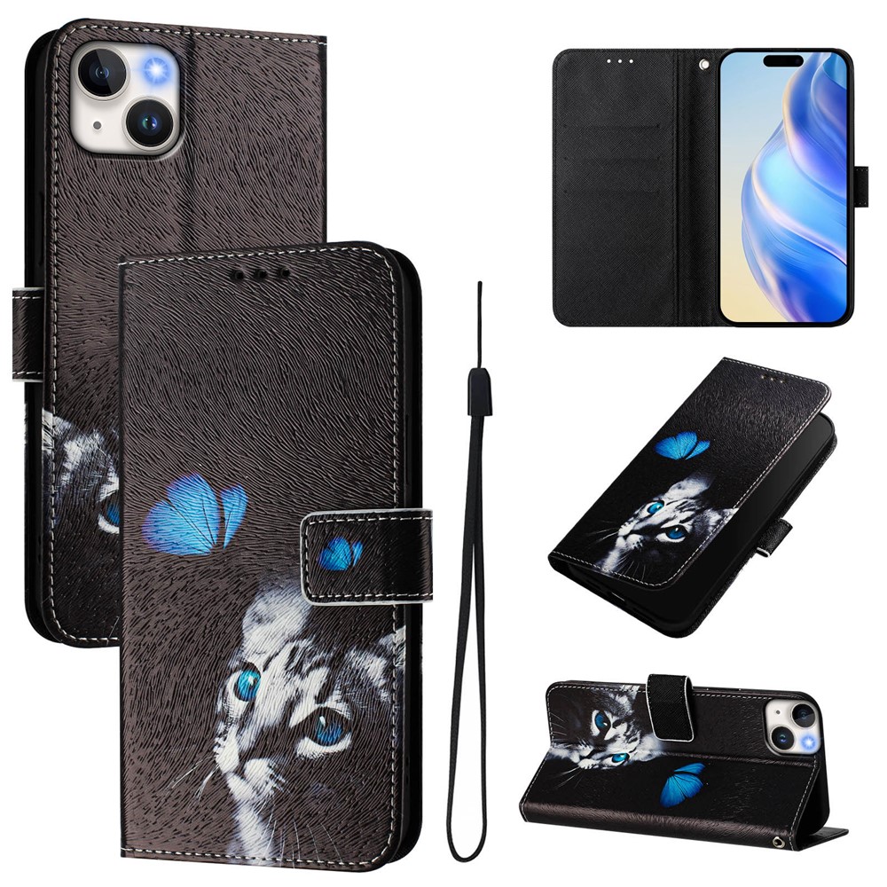 For iPhone 15 Plus Case Pattern Printing Wallet Phone Cover with Strap - Butterfly and Cat