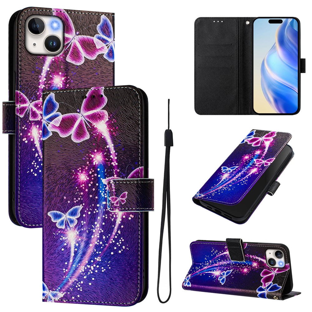 For iPhone 15 Plus Case Pattern Printing Wallet Phone Cover with Strap - Firework Butterfly