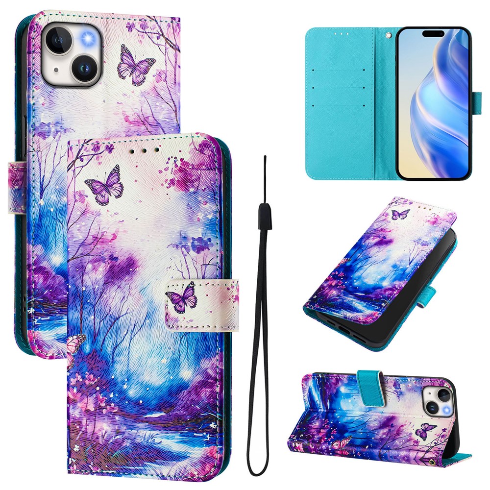 For iPhone 15 Plus Case Pattern Printing Wallet Phone Cover with Strap - Dream Valley