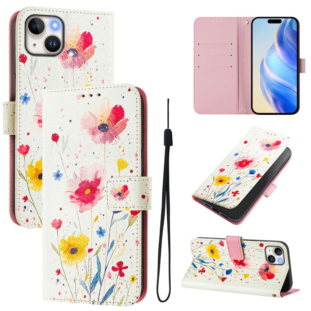 For iPhone 15 Plus Case Pattern Printing Wallet Phone Cover with Strap - Flower
