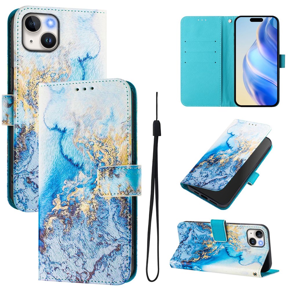 For iPhone 15 Plus Case Pattern Printing Wallet Phone Cover with Strap - Ocean Marble