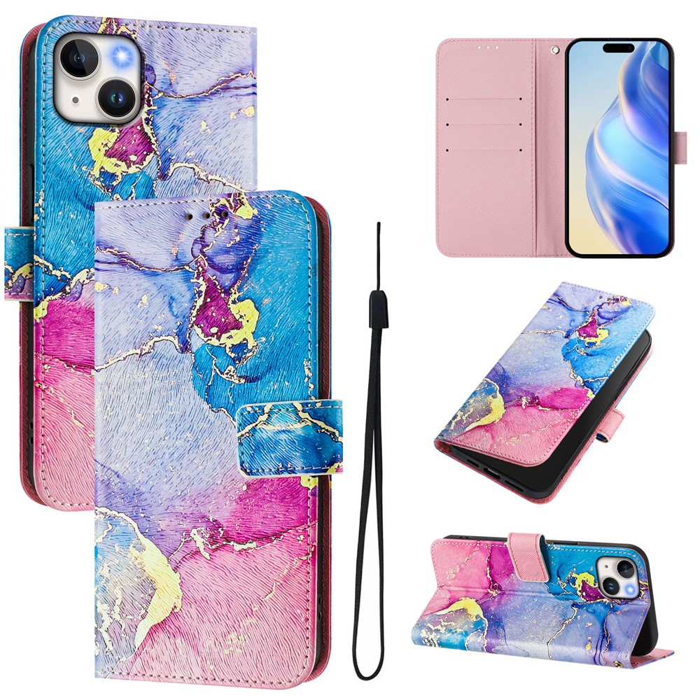 For iPhone 15 Plus Case Pattern Printing Wallet Phone Cover with Strap - Multicolor Marble
