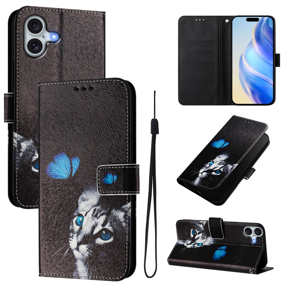 For iPhone 16 Plus Case Pattern Printing Wallet Phone Cover with Strap - Butterfly and Cat