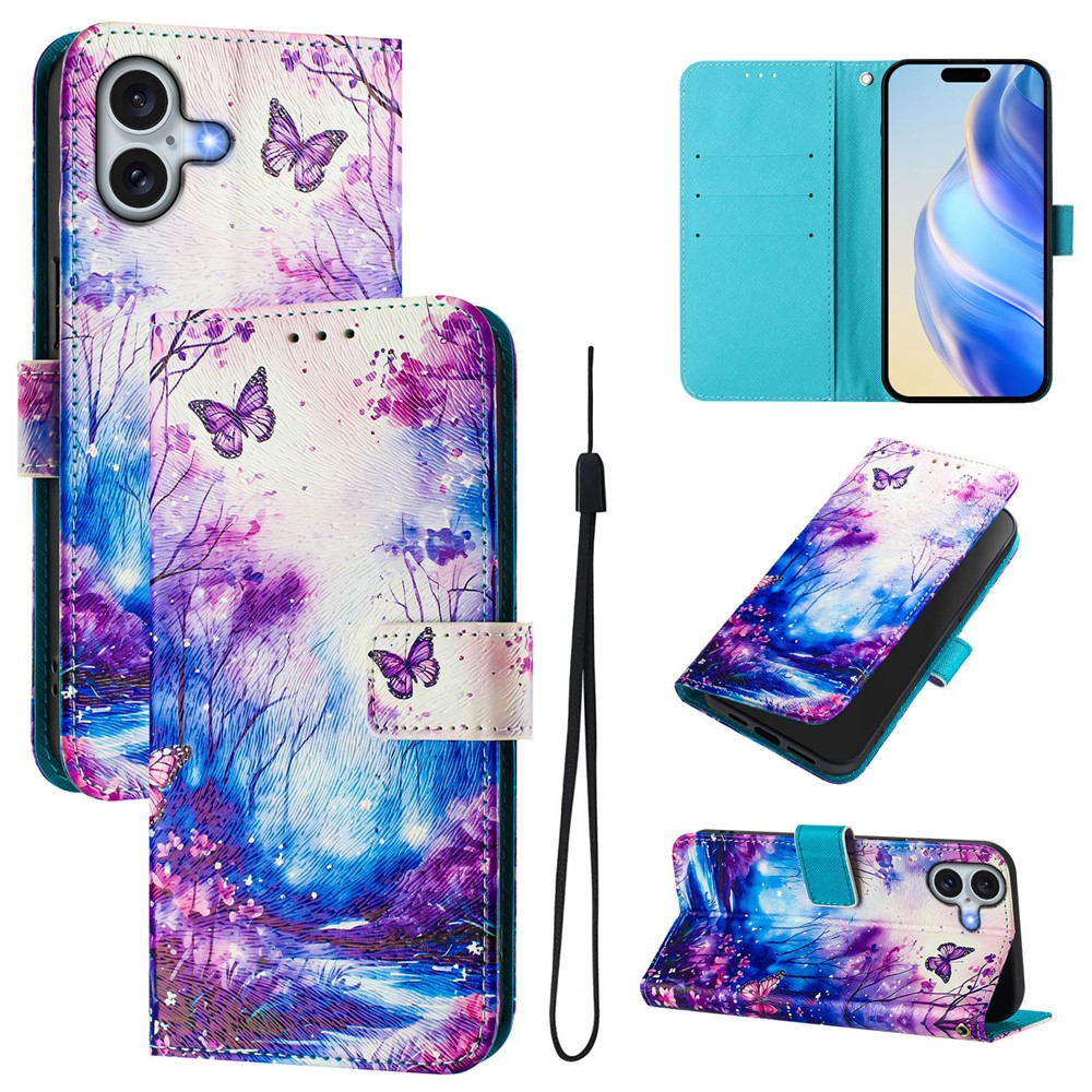 For iPhone 16 Plus Case Pattern Printing Wallet Phone Cover with Strap - Dream Valley