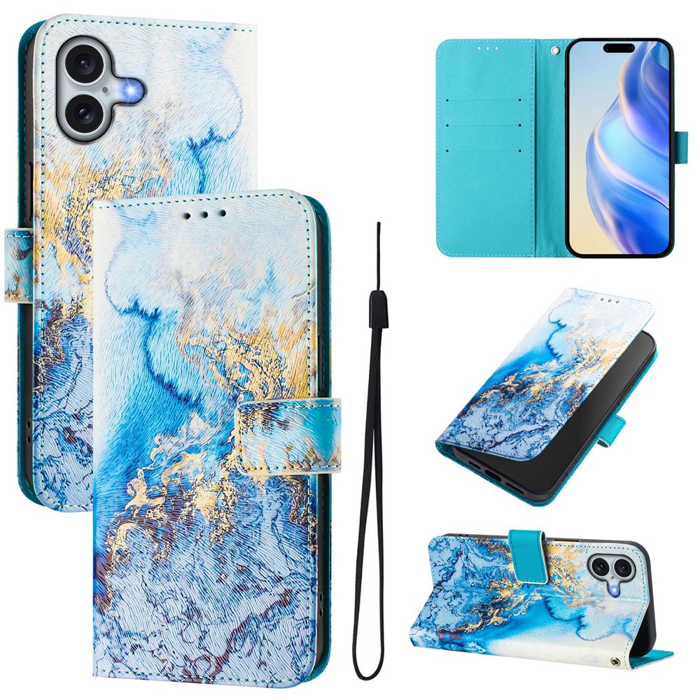 For iPhone 16 Plus Case Pattern Printing Wallet Phone Cover with Strap - Ocean Marble