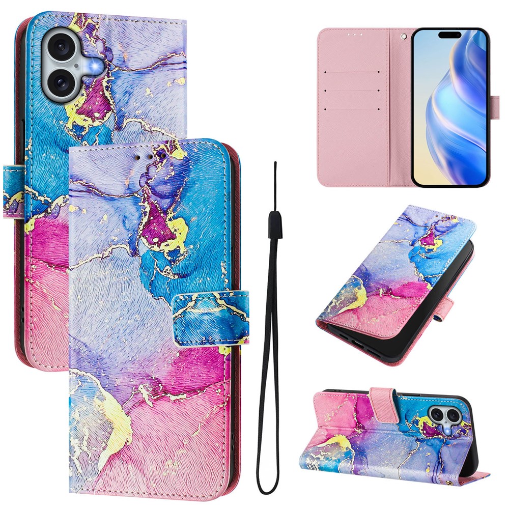 For iPhone 16 Plus Case Pattern Printing Wallet Phone Cover with Strap - Multicolor Marble
