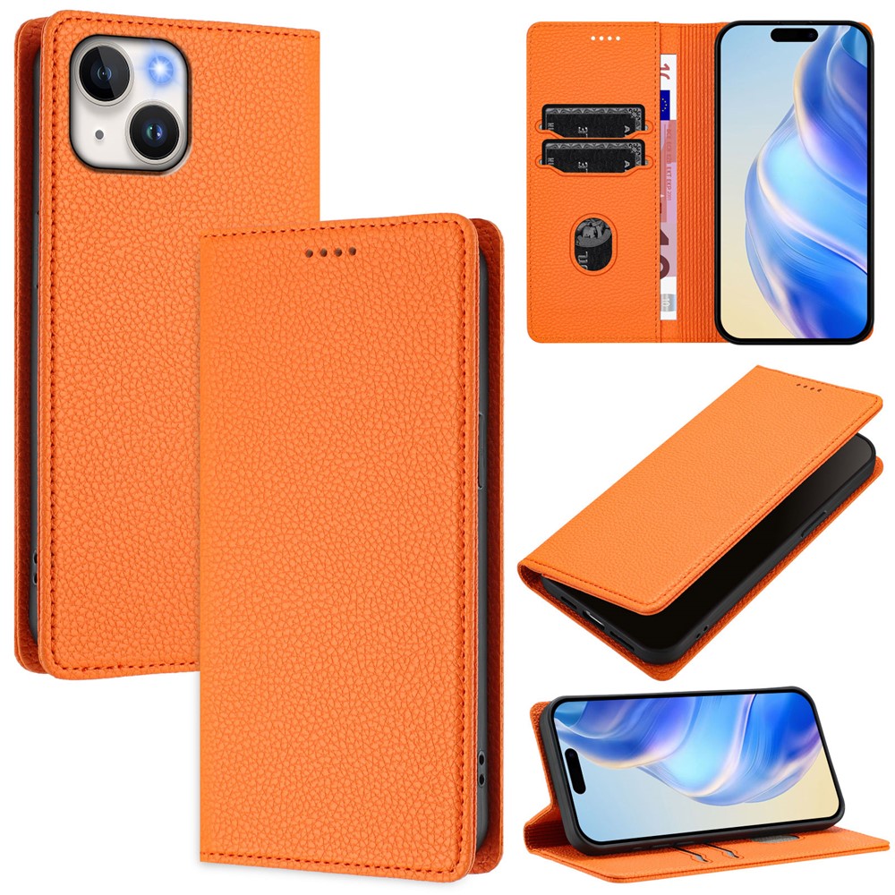 For iPhone 15 Wallet Case RFID Blocking Litchi Texture Leather Mobile Cover - Orange