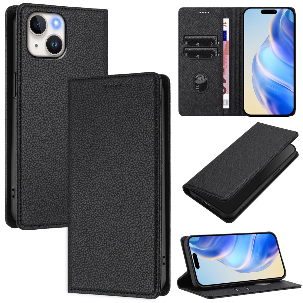 For iPhone 15 Wallet Case RFID Blocking Litchi Texture Leather Mobile Cover - Black