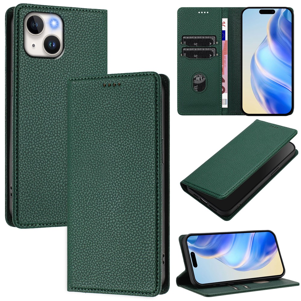 For iPhone 15 Wallet Case RFID Blocking Litchi Texture Leather Mobile Cover - Dark Green