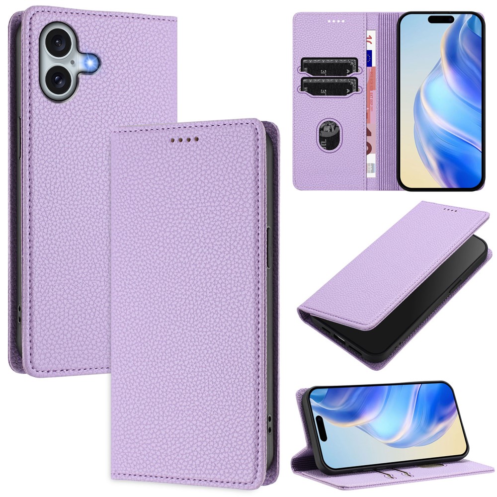 For iPhone 16 Plus Wallet Case RFID Blocking Litchi Texture Leather Mobile Cover - Light Purple