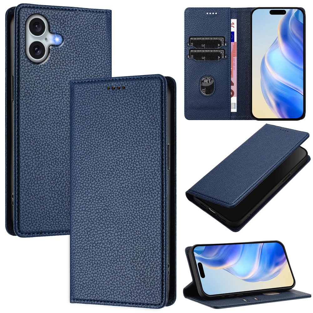 For iPhone 16 Plus Wallet Case RFID Blocking Litchi Texture Leather Mobile Cover - Dark Blue