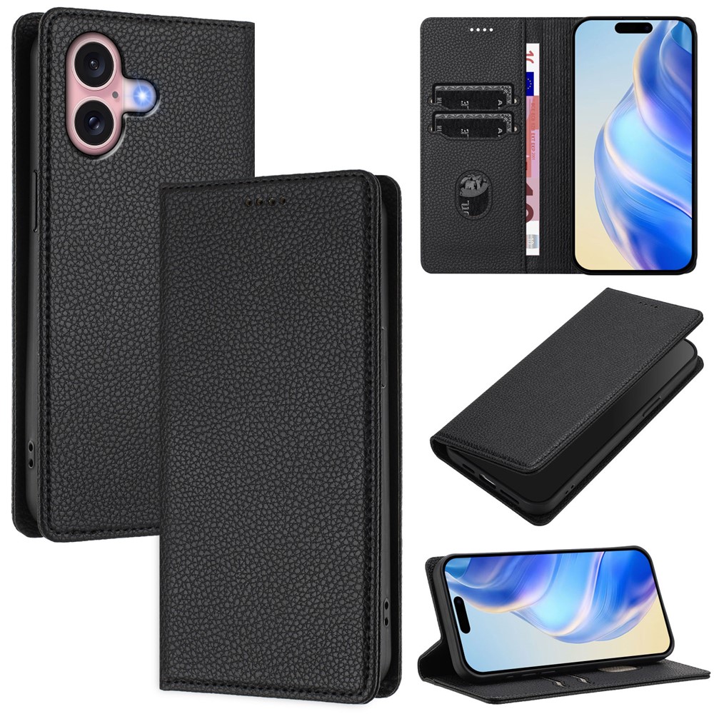 For iPhone 16 Wallet Case RFID Blocking Litchi Texture Leather Mobile Cover - Black