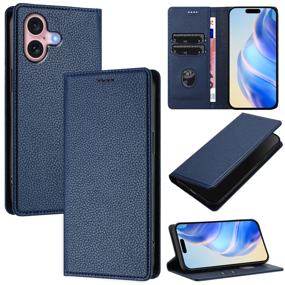 For iPhone 16 Wallet Case RFID Blocking Litchi Texture Leather Mobile Cover - Dark Blue