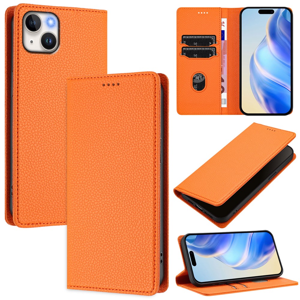 For iPhone 15 Plus Wallet Case RFID Blocking Litchi Texture Leather Mobile Cover - Orange