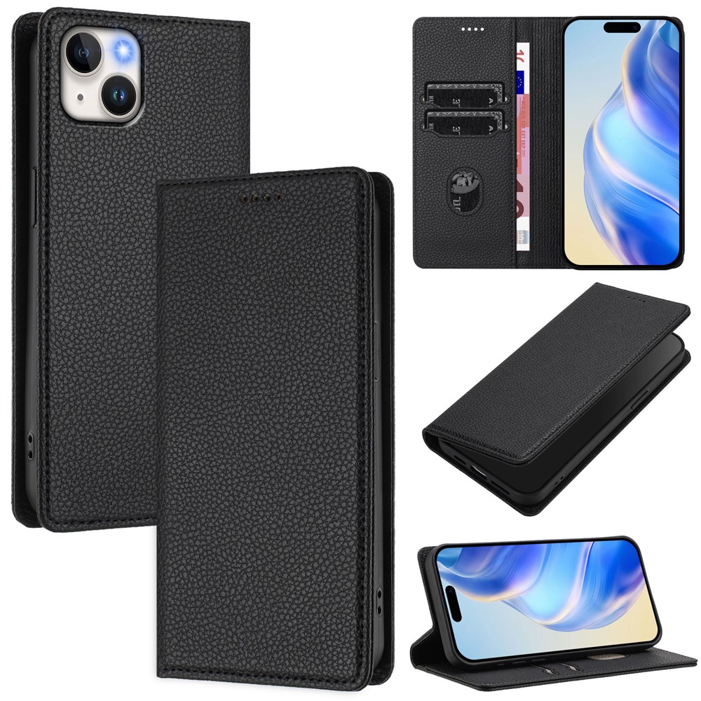For iPhone 15 Plus Wallet Case RFID Blocking Litchi Texture Leather Mobile Cover - Black