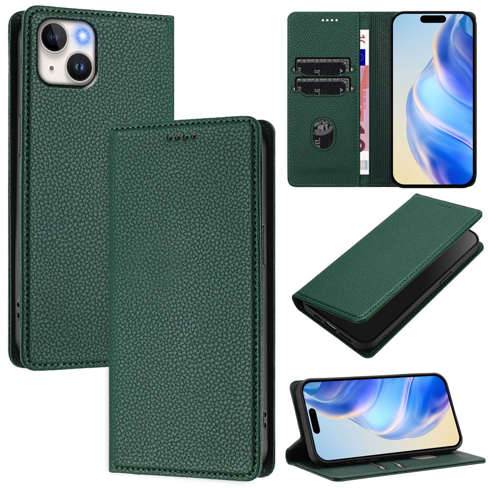 For iPhone 15 Plus Wallet Case RFID Blocking Litchi Texture Leather Mobile Cover - Dark Green