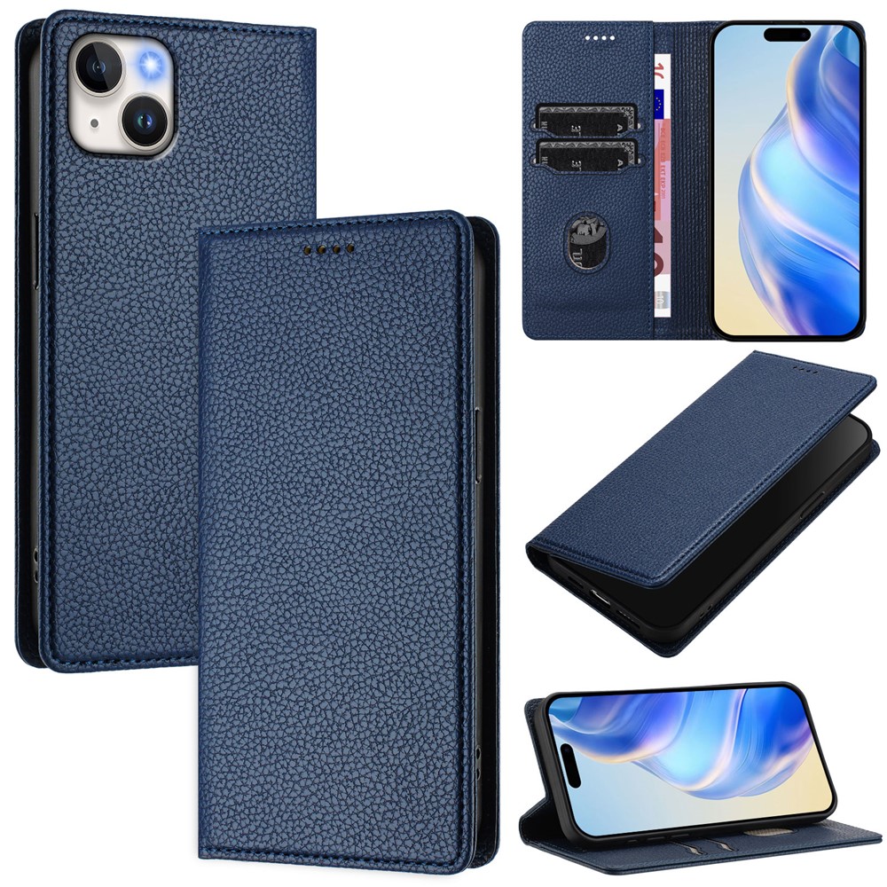 For iPhone 15 Plus Wallet Case RFID Blocking Litchi Texture Leather Mobile Cover - Dark Blue