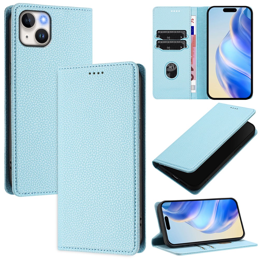 For iPhone 15 Plus Wallet Case RFID Blocking Litchi Texture Leather Mobile Cover - Baby Blue