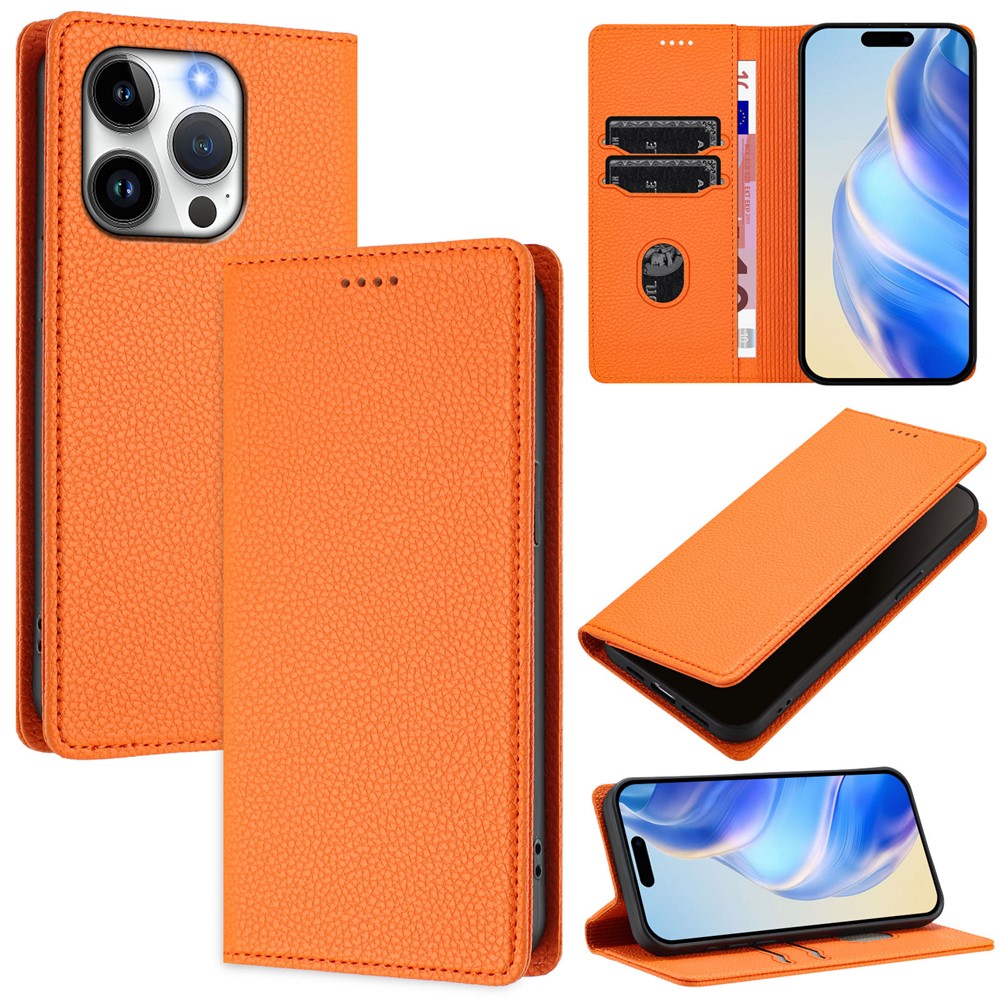 For iPhone 15 Pro Wallet Case RFID Blocking Litchi Texture Leather Mobile Cover - Orange