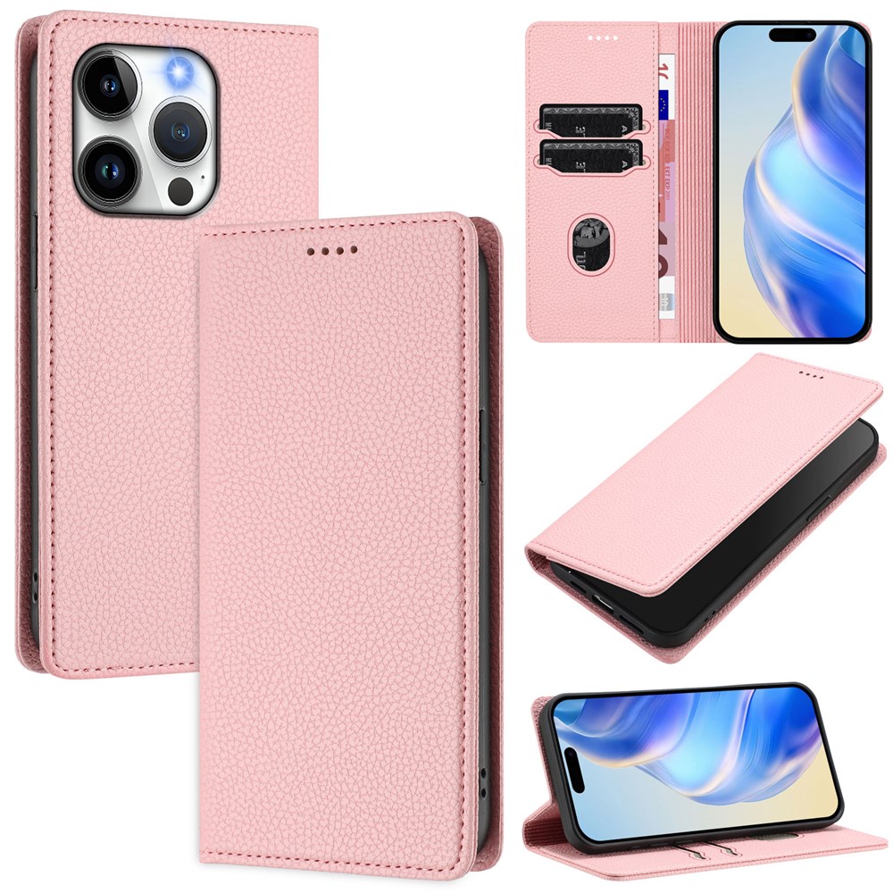 For iPhone 15 Pro Wallet Case RFID Blocking Litchi Texture Leather Mobile Cover - Pink