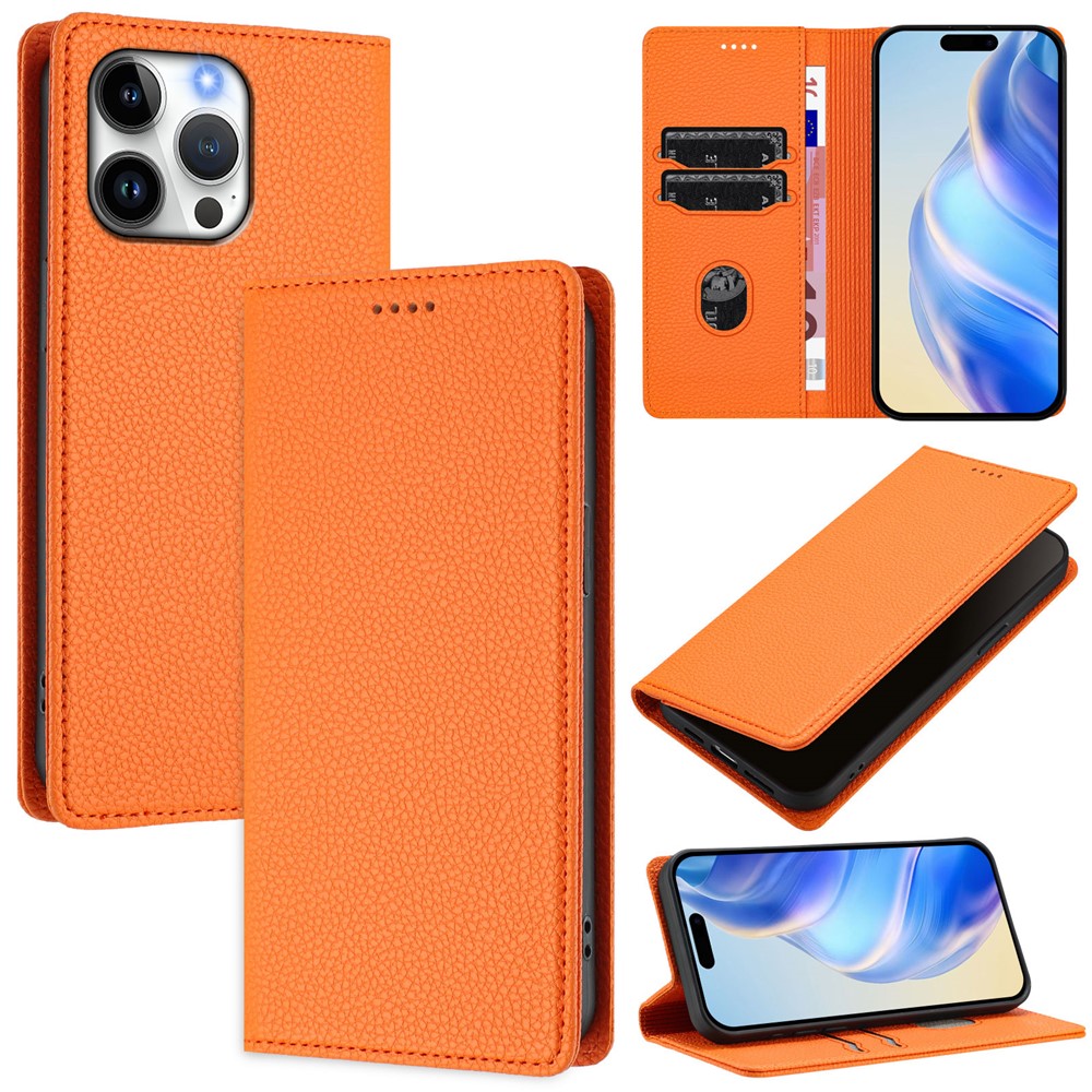 For iPhone 16 Pro Max Wallet Case RFID Blocking Litchi Texture Leather Mobile Cover - Orange