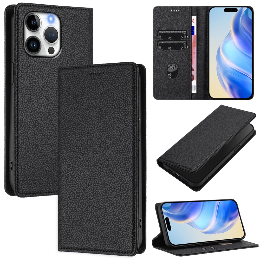For iPhone 16 Pro Max Wallet Case RFID Blocking Litchi Texture Leather Mobile Cover - Black