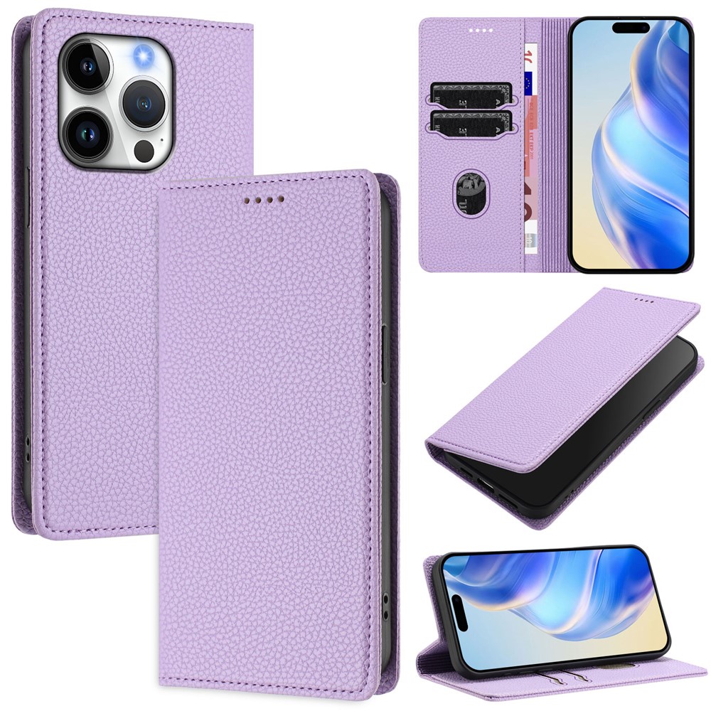 For iPhone 16 Pro Wallet Case RFID Blocking Litchi Texture Leather Mobile Cover - Light Purple