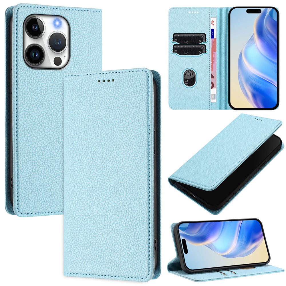 For iPhone 16 Pro Wallet Case RFID Blocking Litchi Texture Leather Mobile Cover - Baby Blue