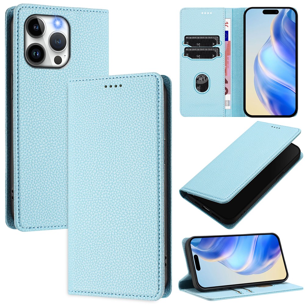 For iPhone 15 Pro Max Wallet Case RFID Blocking Litchi Texture Leather Mobile Cover - Baby Blue