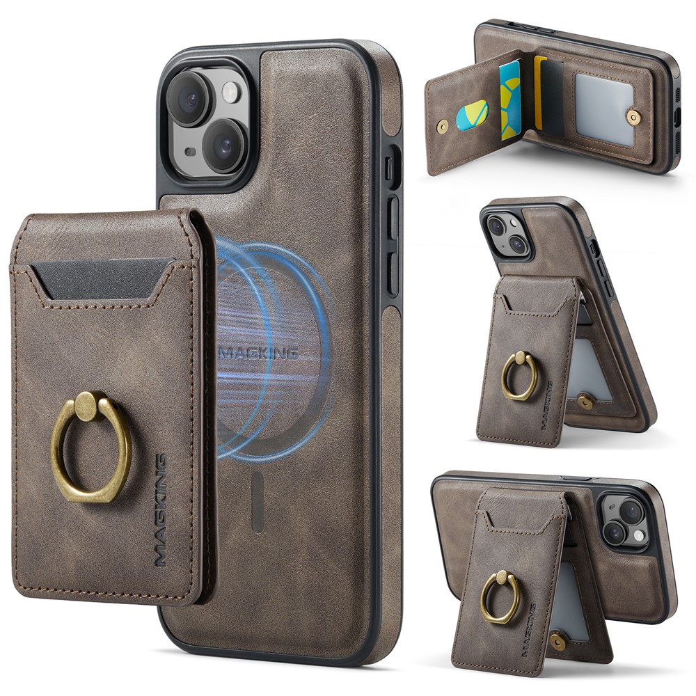 MAGKING K1 Series For iPhone 14 Magnetic Case PC+TPU+PU Phone Cover with Card Holder - Coffee