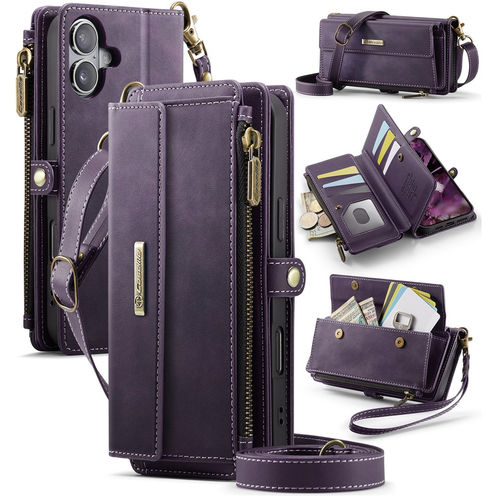 For iPhone 16 Plus CASEME C39 RFID Blocking Zipper Wallet Stand Leather Cover with Strap - Purple