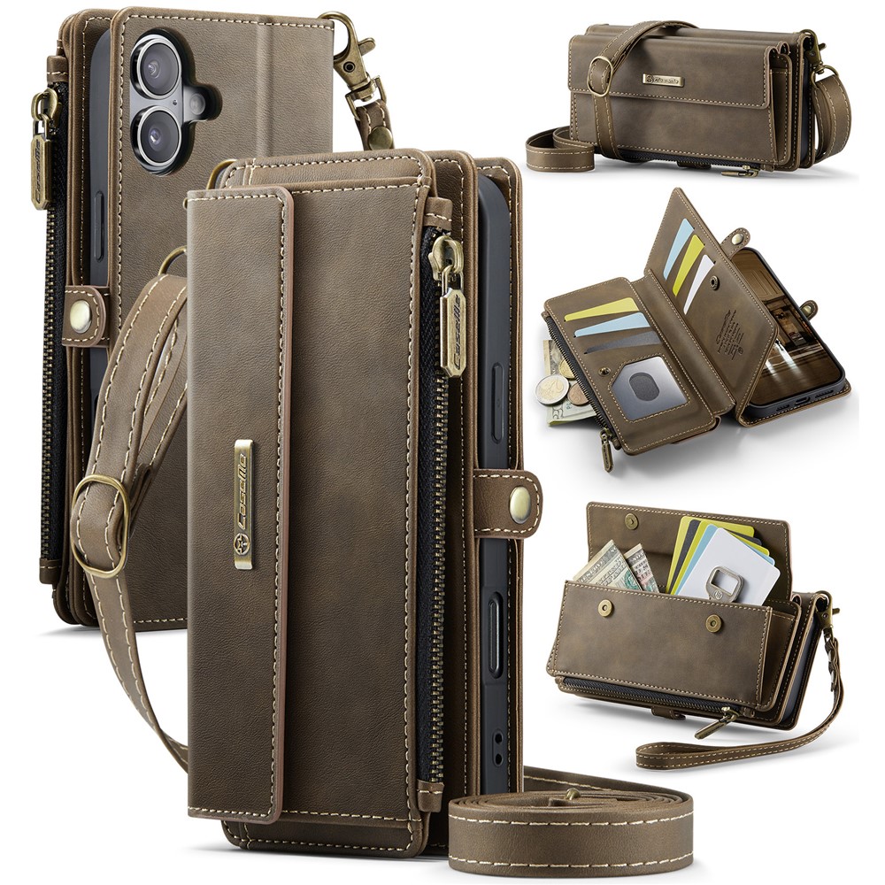 For iPhone 16 CASEME C39 RFID Blocking Zipper Wallet Stand Leather Cover with Strap - Brown