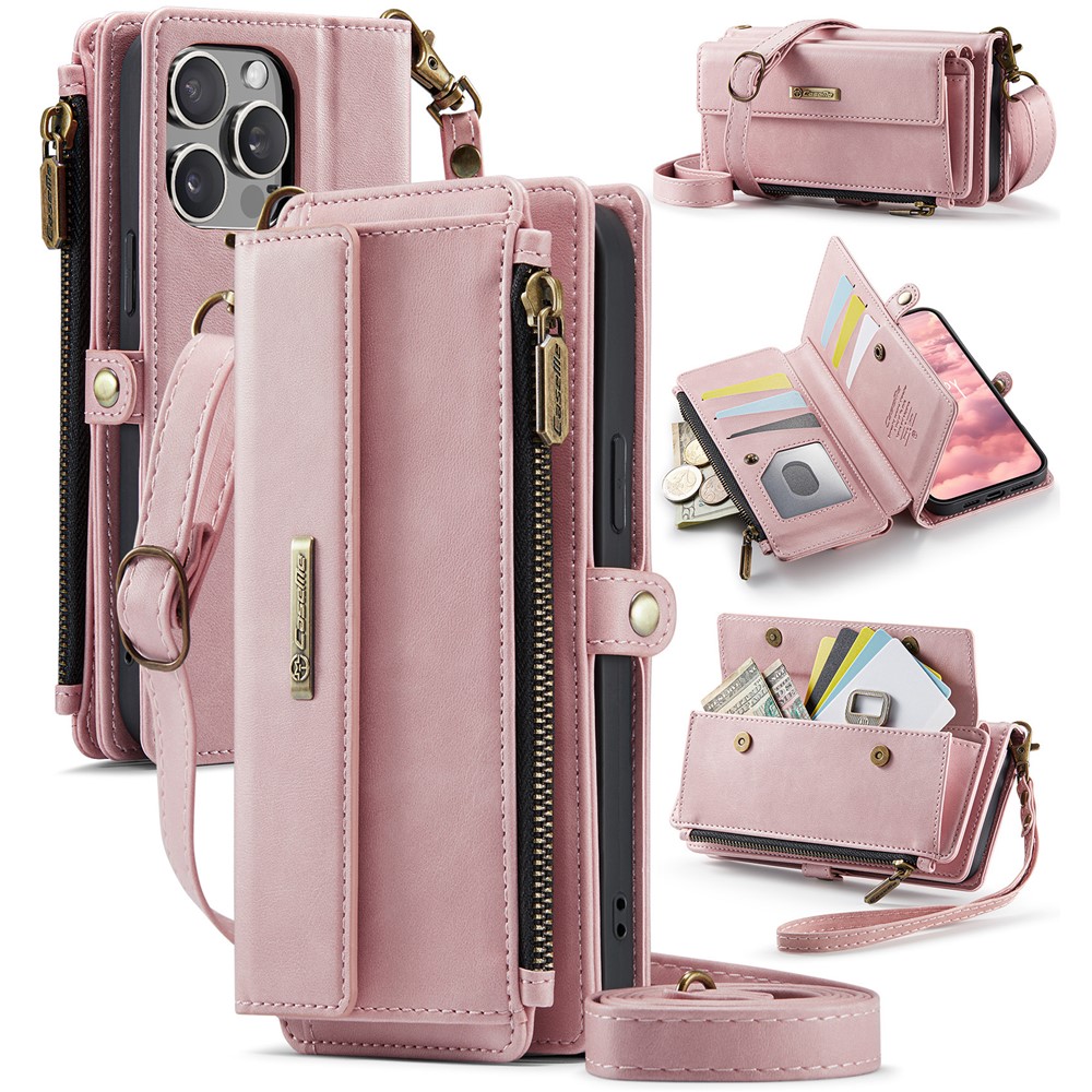 For iPhone 15 Pro Max Case CASEME C39 RFID Blocking Zipper Wallet Stand Leather Cover with Strap - Pink