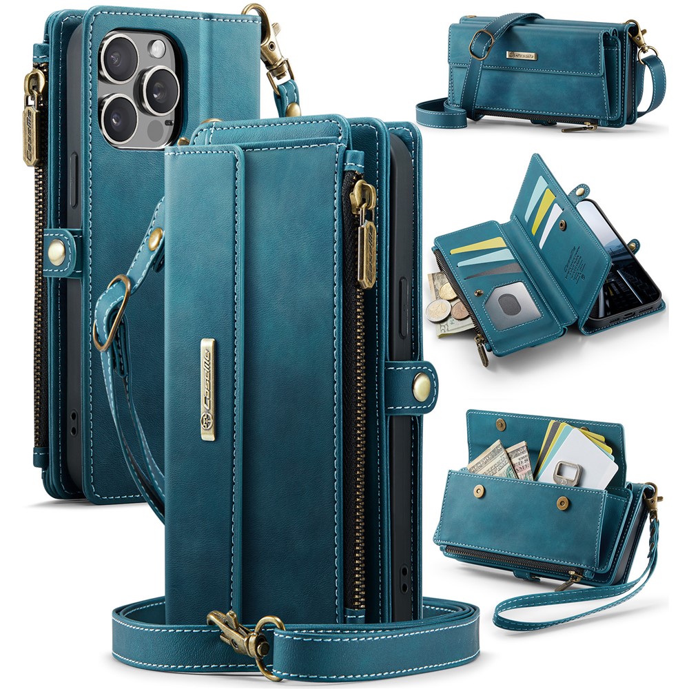 For iPhone 15 Pro Max Case CASEME C39 RFID Blocking Zipper Wallet Stand Leather Cover with Strap - Green