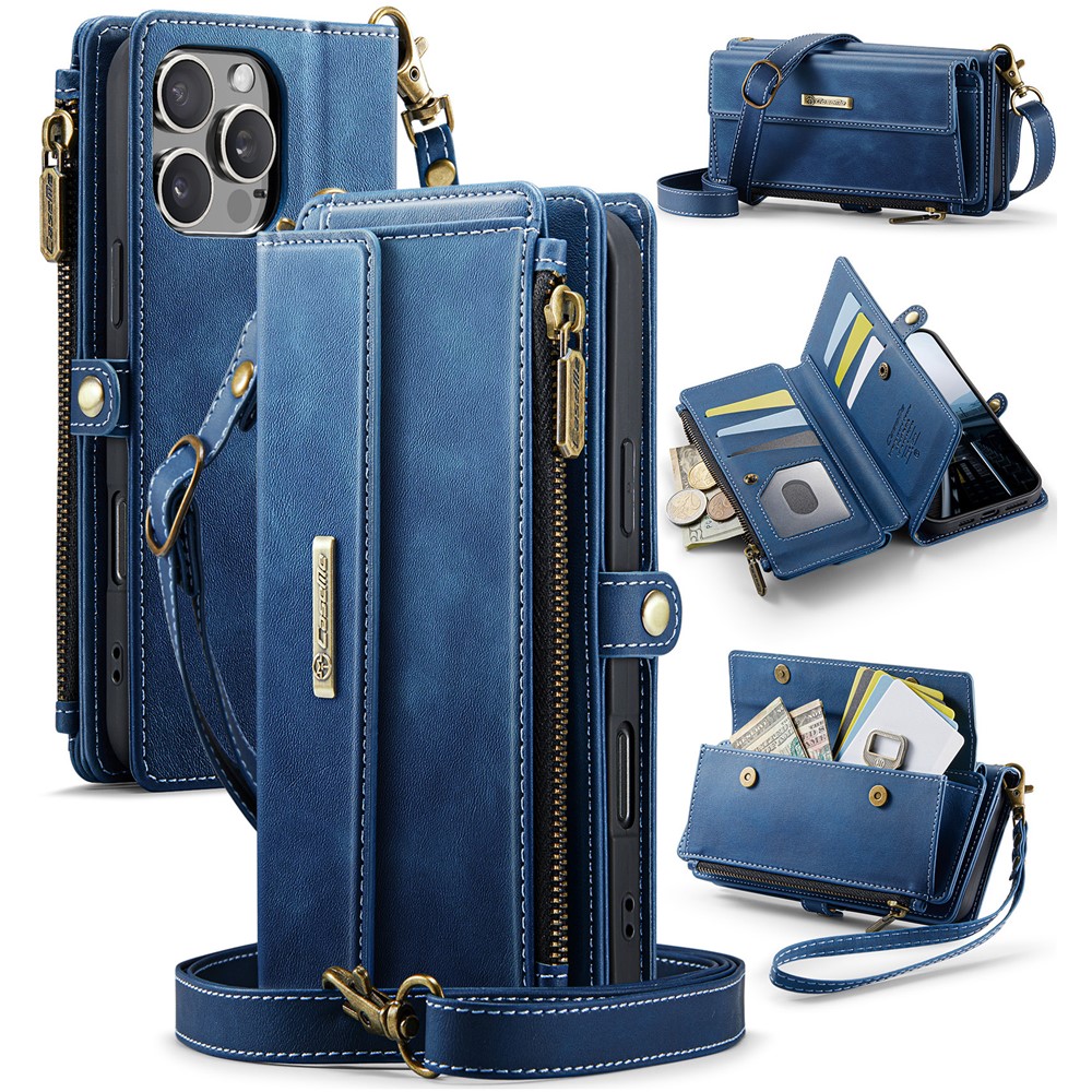 For iPhone 14 Pro Max Case CASEME C39 RFID Blocking Zipper Wallet Stand Leather Cover with Strap - Blue