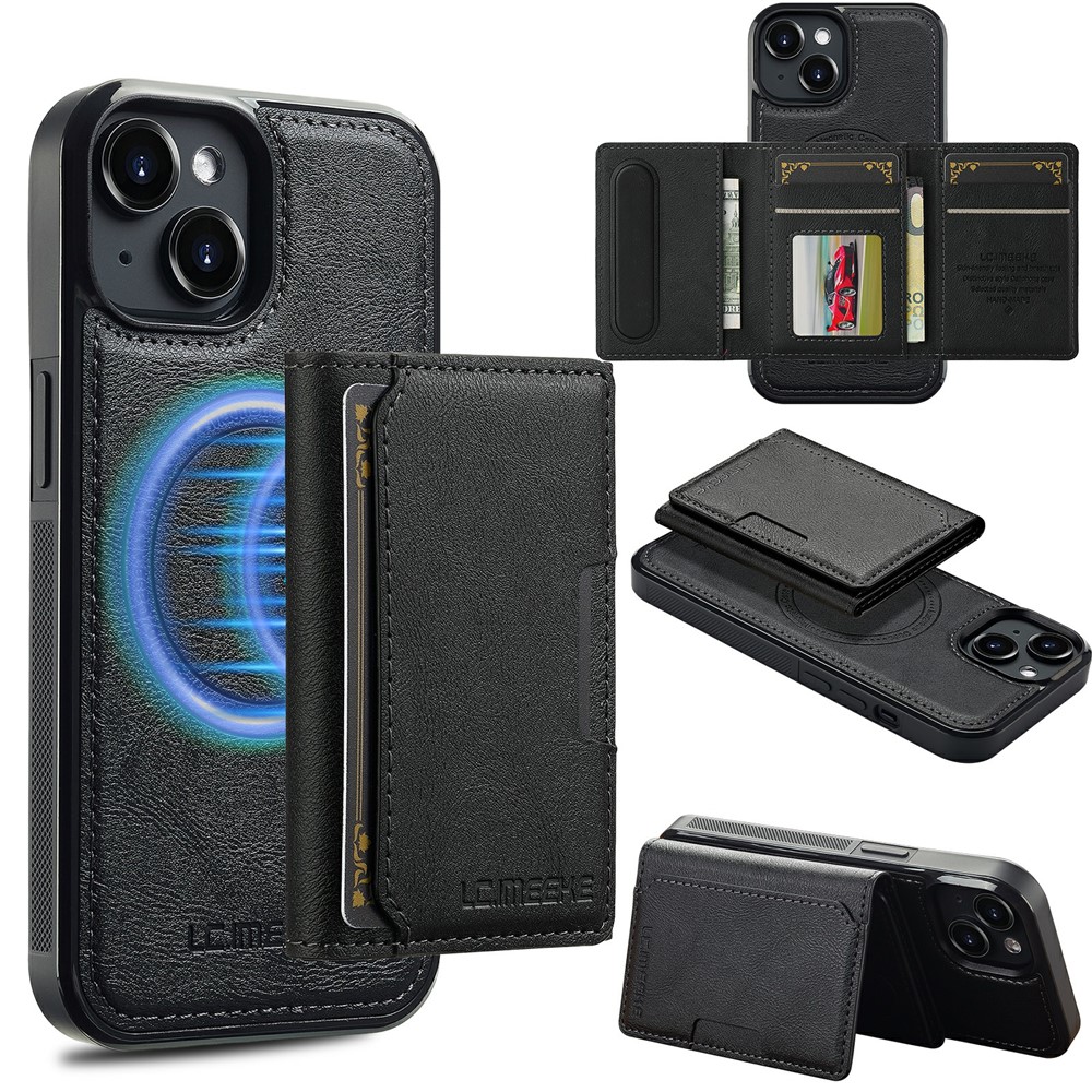 LC.IMEEKE L5 For iPhone 15 Plus Magnetic Phone Case Leather Back Cover with Detachable Card Holder - Black
