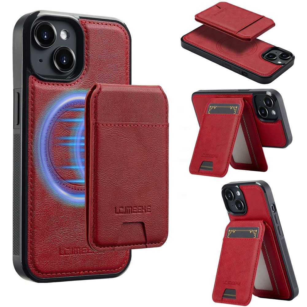 LC.IMEEKE L3 For iPhone 15 Plus Magnetic Case Detachable Card Holder Leather+TPU Mobile Cover - Red