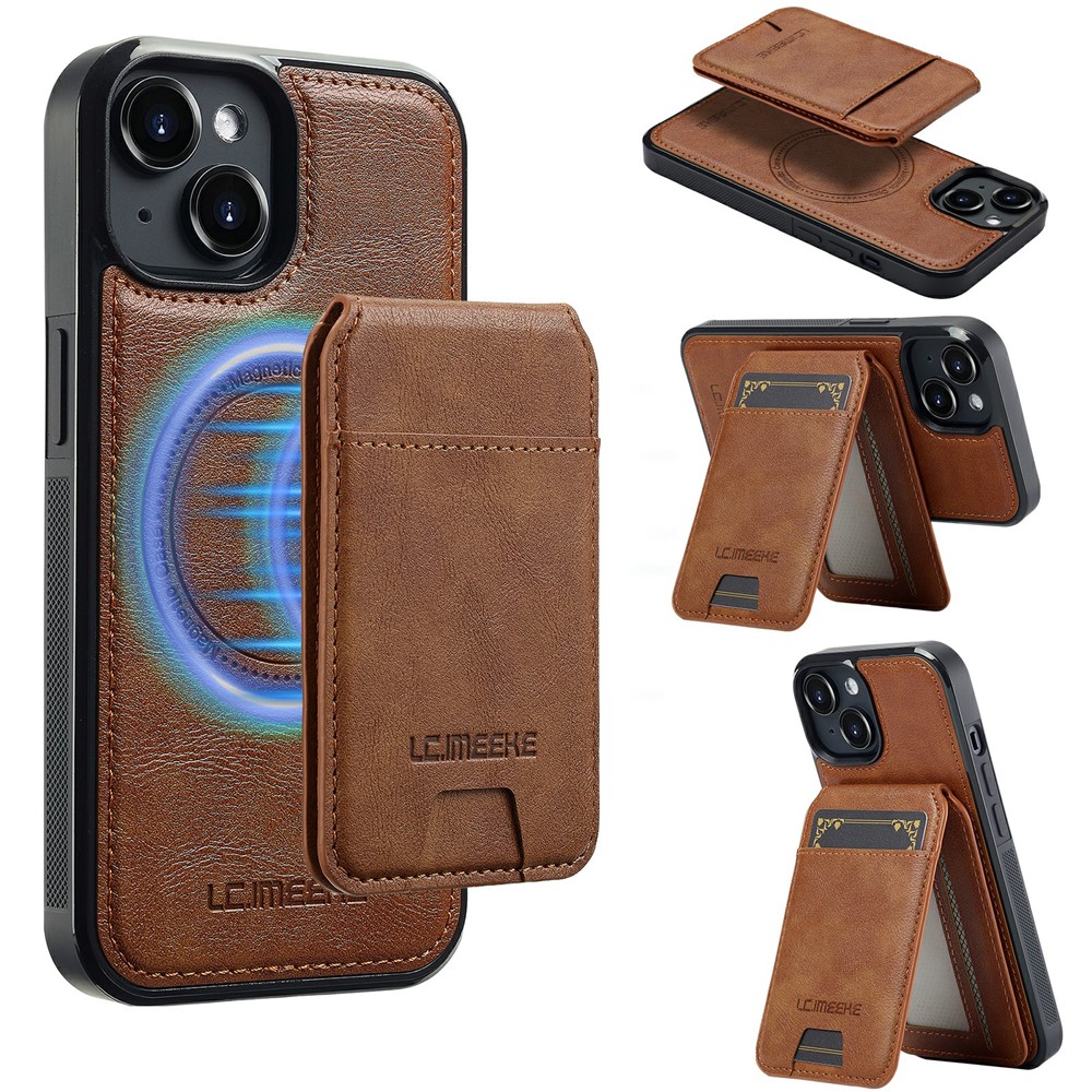 LC.IMEEKE L3 For iPhone 15 Plus Magnetic Case Detachable Card Holder Leather+TPU Mobile Cover - Brown