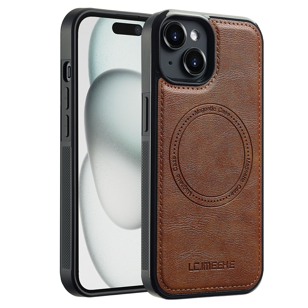 LC.IMEEKE For iPhone 15 Plus Magnetic Case Compatible with MagSafe Leather+TPU Back Cover - Brown