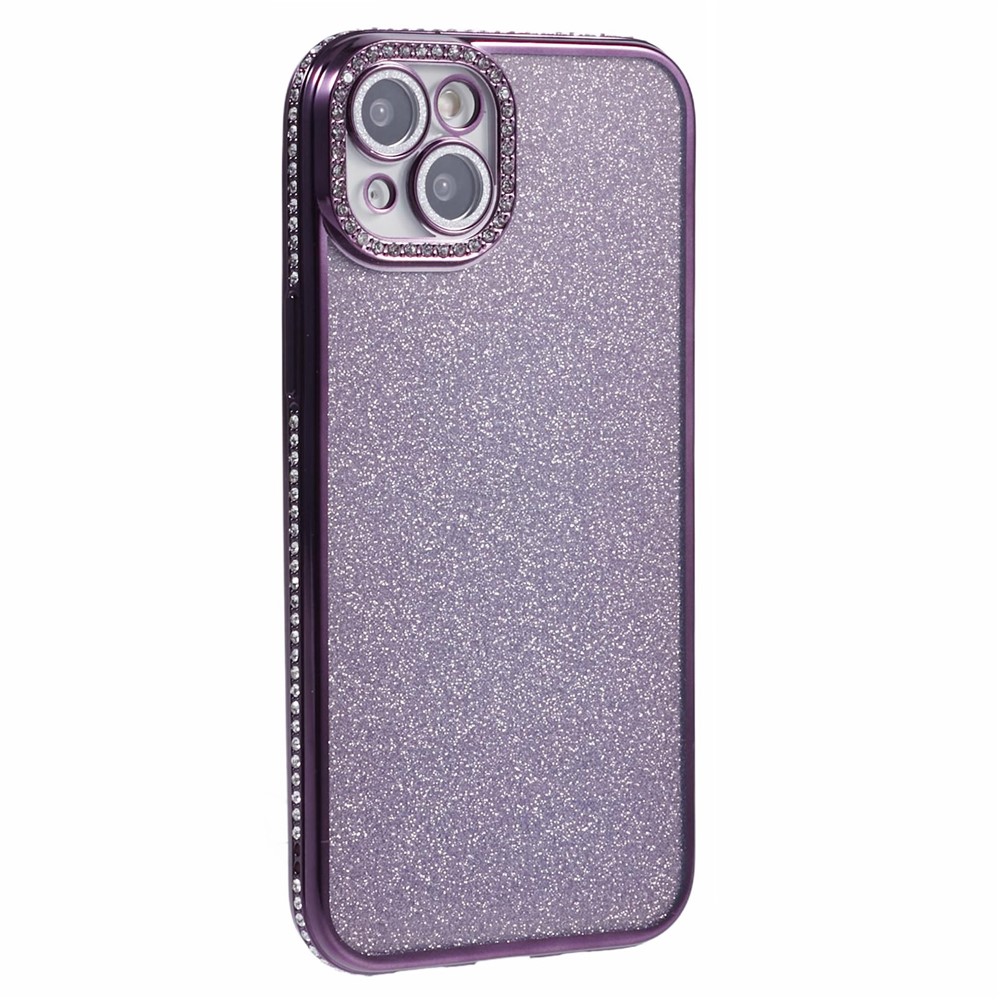 For iPhone 15 Case Camera Lens Guard Clear Phone Back Cover Rhinestone Decor With Glitter Paper - Dark Purple