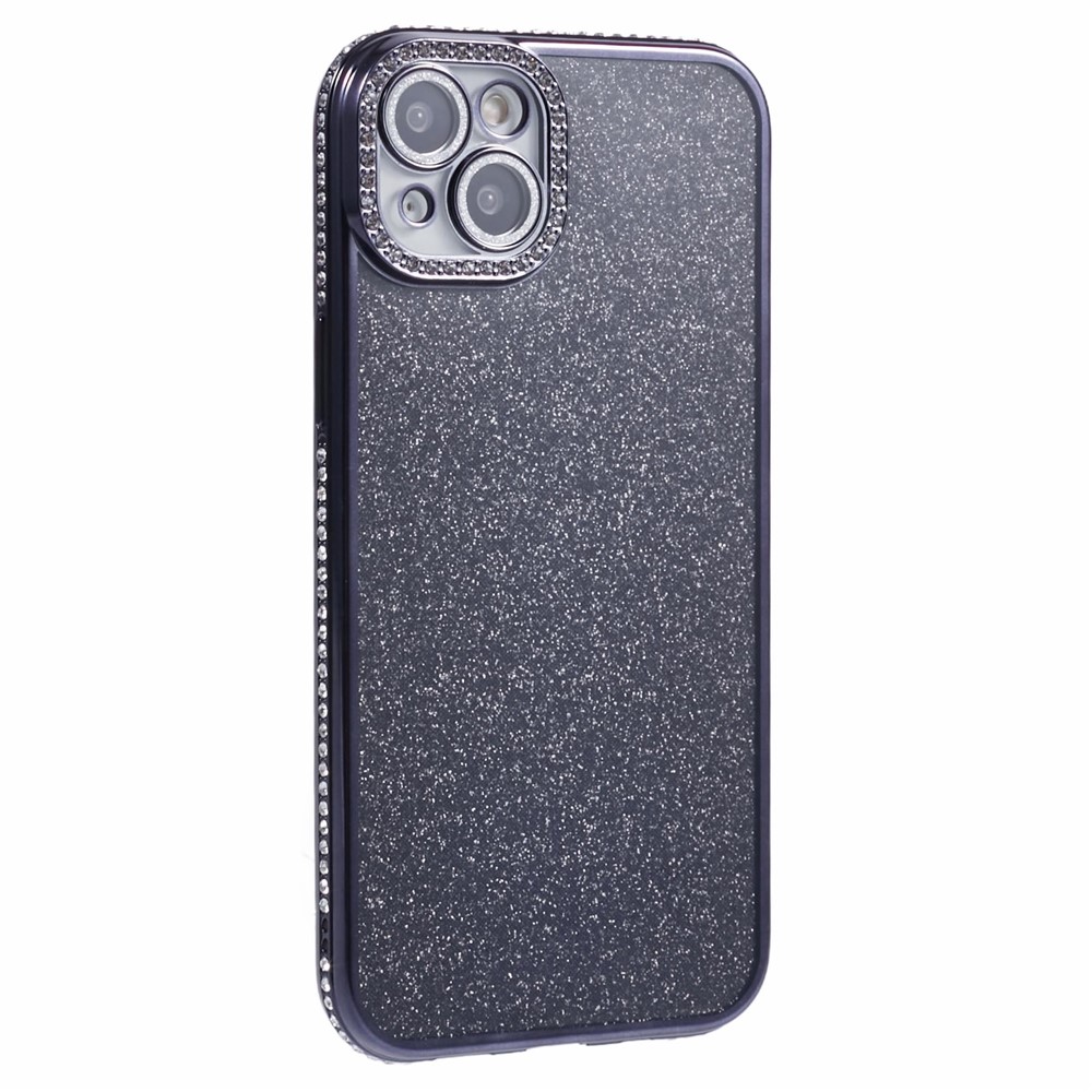 For iPhone 15 Case Camera Lens Guard Clear Phone Back Cover Rhinestone Decor With Glitter Paper - Black