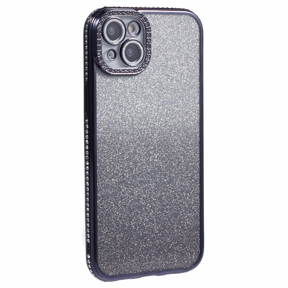 For iPhone 15 Case Camera Lens Guard Clear Phone Back Cover Rhinestone Decor With Glitter Paper - Gradient Black